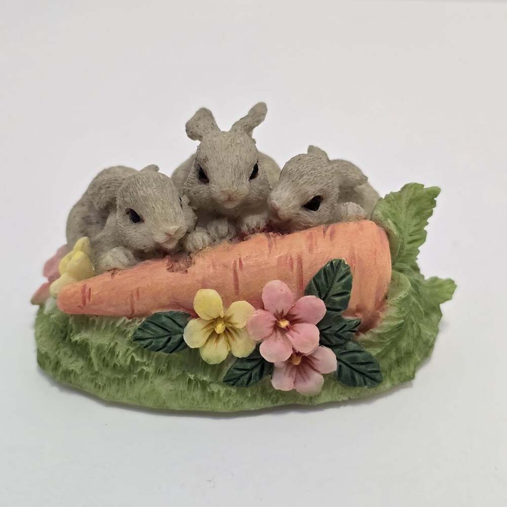 Russ Berrie Nature's Wonder Bunny Figurine #13975 Rabbits with Carrot & Flowers